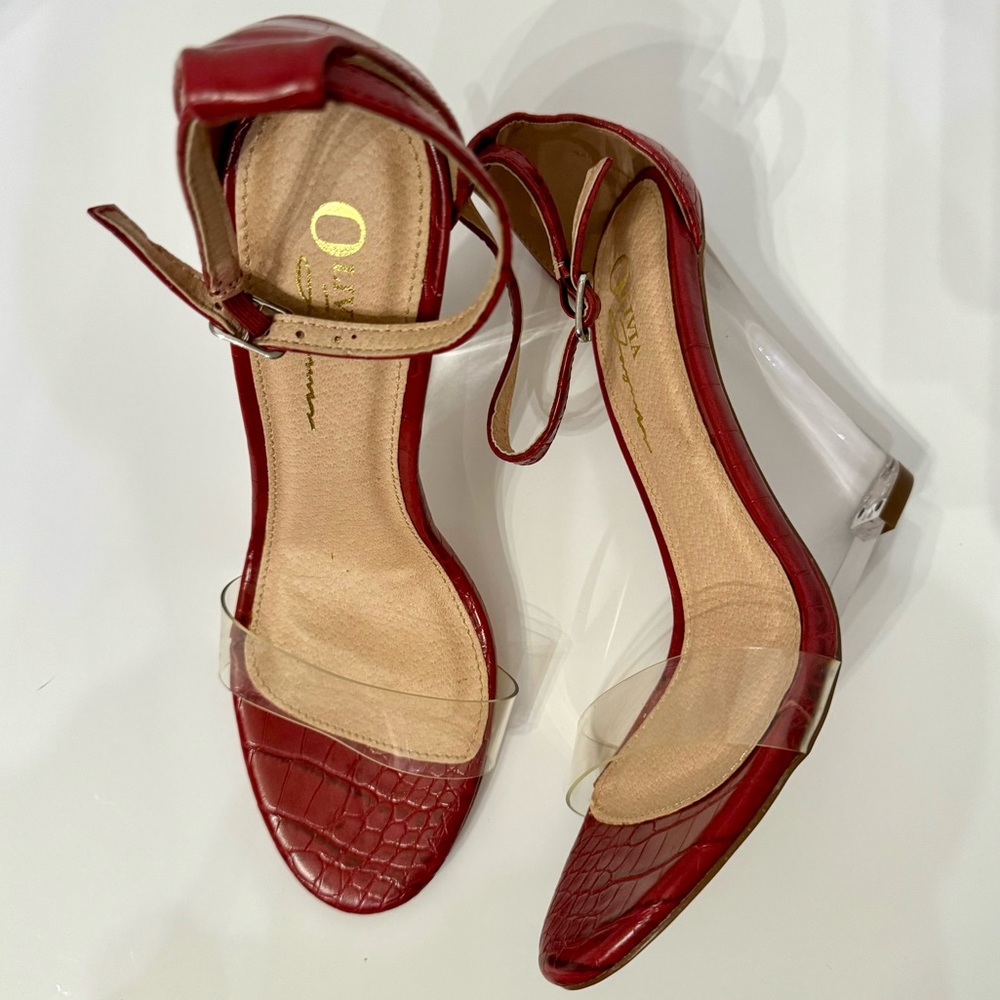NWOT/NWOB Olivia Ferragamo Red Snakeskin Ankle Strap Sandal Wedges w/Clear Base